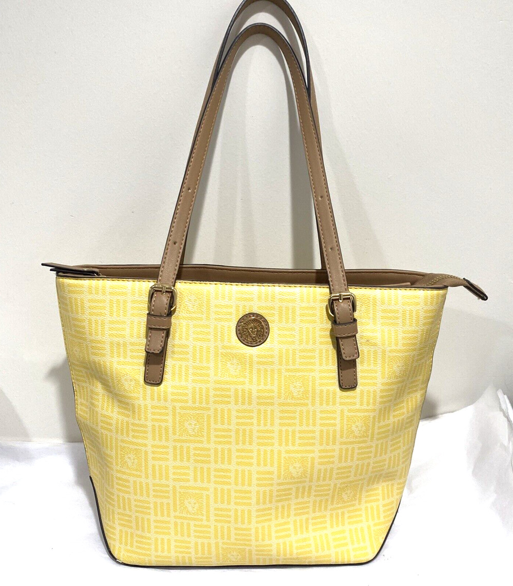 Anne Klein tote bag shoulderbag purse yellow logo print synthetic classic career